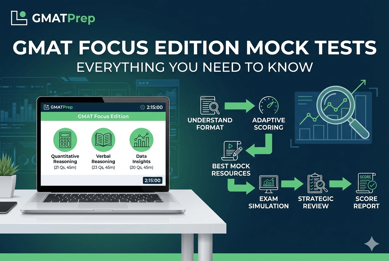 An infographic titled "GMAT Focus Edition Mock Tests: Everything You Need to Know" featuring a laptop displaying the three test sections (Quantitative, Verbal, Data Insights) and a flowchart for exam success.