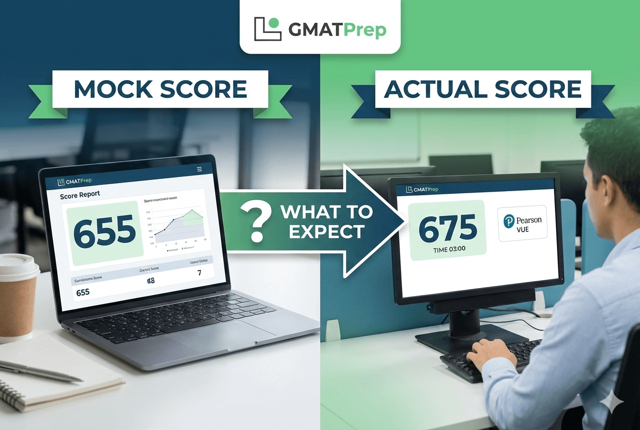 A split-screen comparison showing a GMAT mock score of 655 on a laptop and an actual GMAT score of 675 on a test center monitor with the GMATPrep logo.