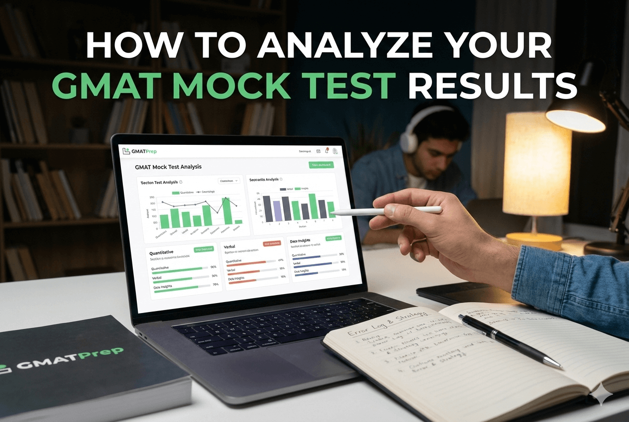 A student using the GMATPrep.in dashboard on a laptop to analyze GMAT mock test results with charts and an error log notebook.
