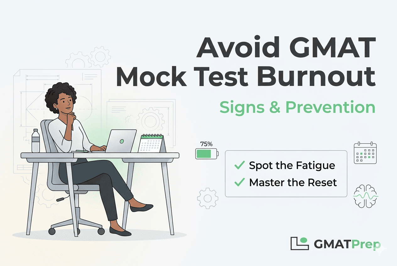 A minimalist editorial-style hero image titled "Avoid GMAT Mock Test Burnout: Signs & Prevention." On the left, a woman sits calmly at a white desk with a laptop and a bottle of water. On the right, a simple checklist features two items: "Spot the Fatigue" and "Master the Reset." Minimalist icons for a battery at 75%, a calendar, and a brain are included, with the GMATPrep logo in the bottom right corner.