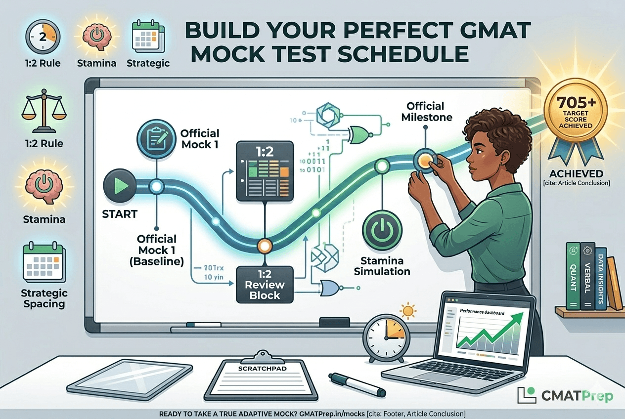 An infographic titled "BUILD YOUR PERFECT GMAT MOCK TEST SCHEDULE." It features a woman in a green shirt guiding a timeline on a whiteboard from a "START" button, labeled with "Official Mock 1 (Baseline)," a "1:2 Review Block," and "Stamina Simulation". Icons for the 1:2 Rule, Adaptive Engine, Stamina Building, and Strategic Spacing are on the left. On the right, a 705+ gold medal with an upward-trending laptop graph. The GMATPrep logo is in the bottom right corner.