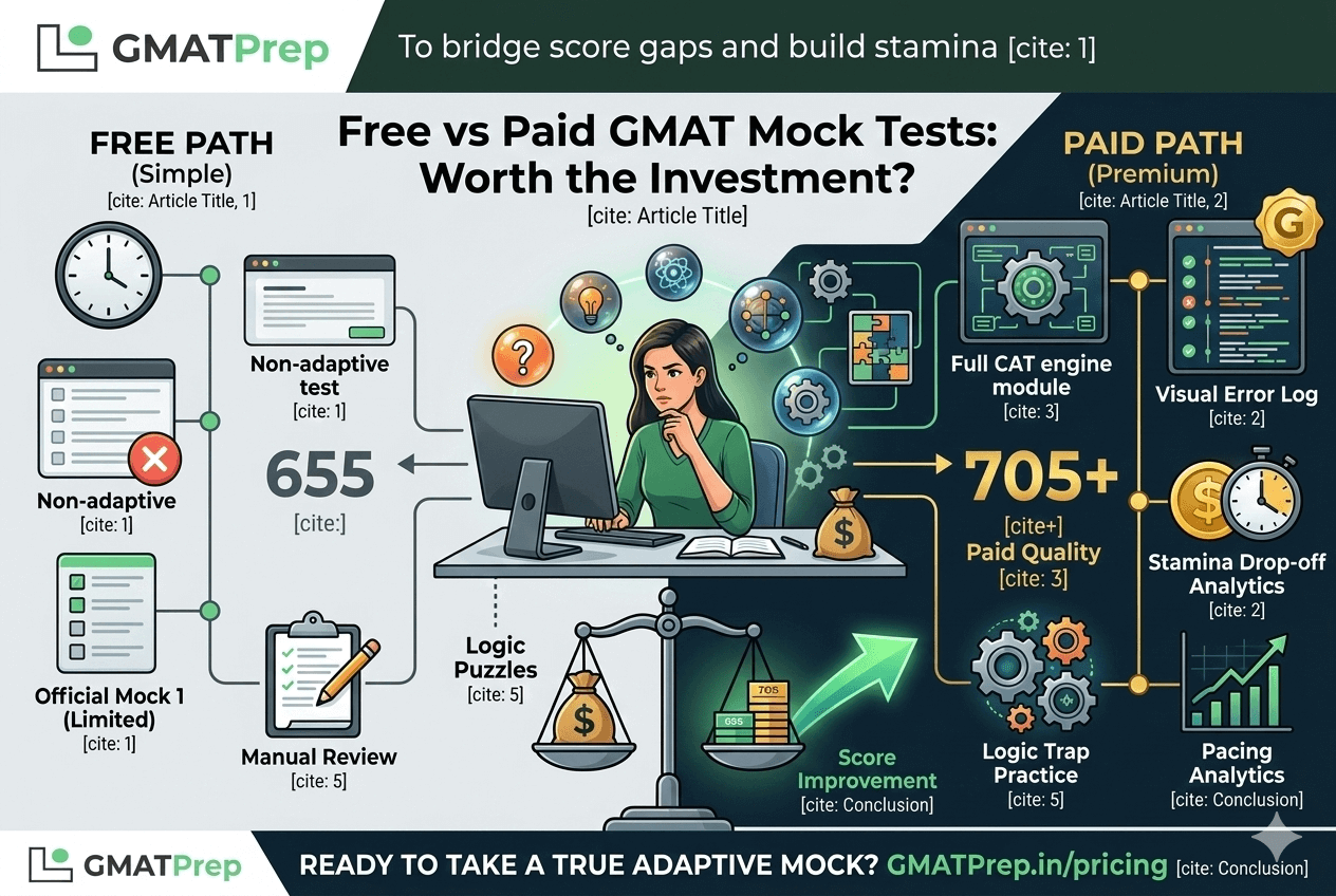 An infographic branded with the GMATPrep logo and titled "Free vs Paid GMAT Mock Tests: Worth the Investment?" It contrasts two paths: "FREE PATH (Simple)", leading toward a non-adaptive 655 score and limited review; and "PAID PATH (Premium)", leading toward a true computer adaptive 705+ score, full analytics, and logic trap practice.