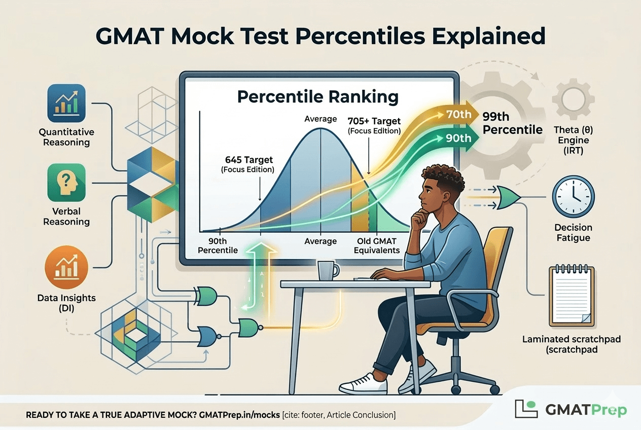 An infographic titled "GMAT Mock Test Percentiles Explained" featuring a male aspirant at a desk looking at a large "Percentile Ranking" bell curve. The chart labels include "Average," "645 Target (Focus Edition)," and "705+ Target (Focus Edition)," with arrows pointing to the 90th and 99th percentiles. Icons for Quantitative, Verbal, and Data Insights are on the left.