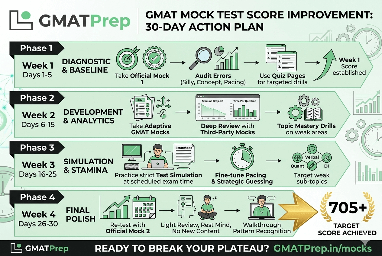 A professional 30-day GMAT mock test score improvement plan infographic divided into four phases: Diagnostic & Baseline, Development & Analytics, Simulation & Stamina, and Final Polish, showing the journey to a 705+ target score.