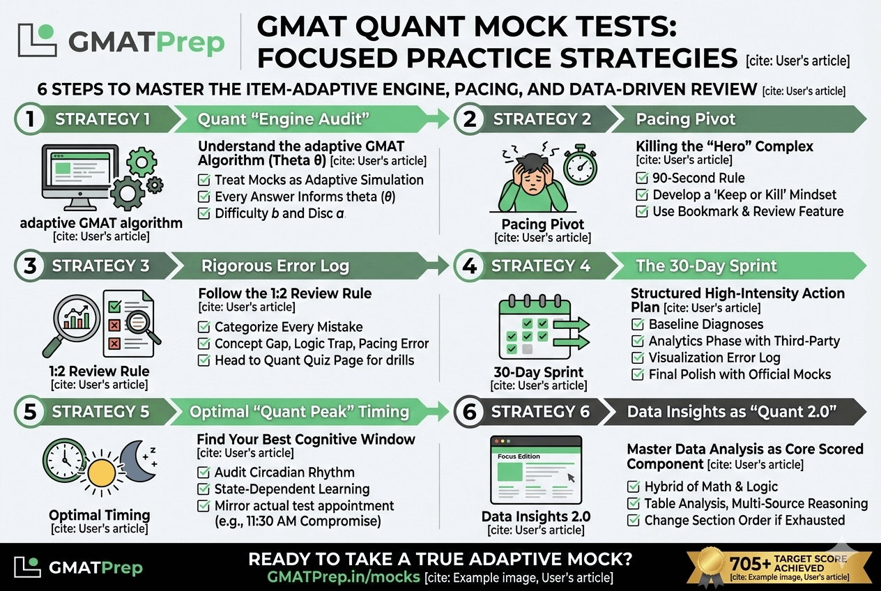 An infographic titled "GMAT QUANT MOCK TESTS: FOCUSED PRACTICE STRATEGIES" featuring six numbered steps with vector icons and text details to master the GMAT Focus Edition's Quant section. The top banner has the GMATPrep logo, and the bottom black banner includes a call-to-action for true adaptive mocks at GMATPrep.in/mocks and a golden 705+ target score achieved ribbon.