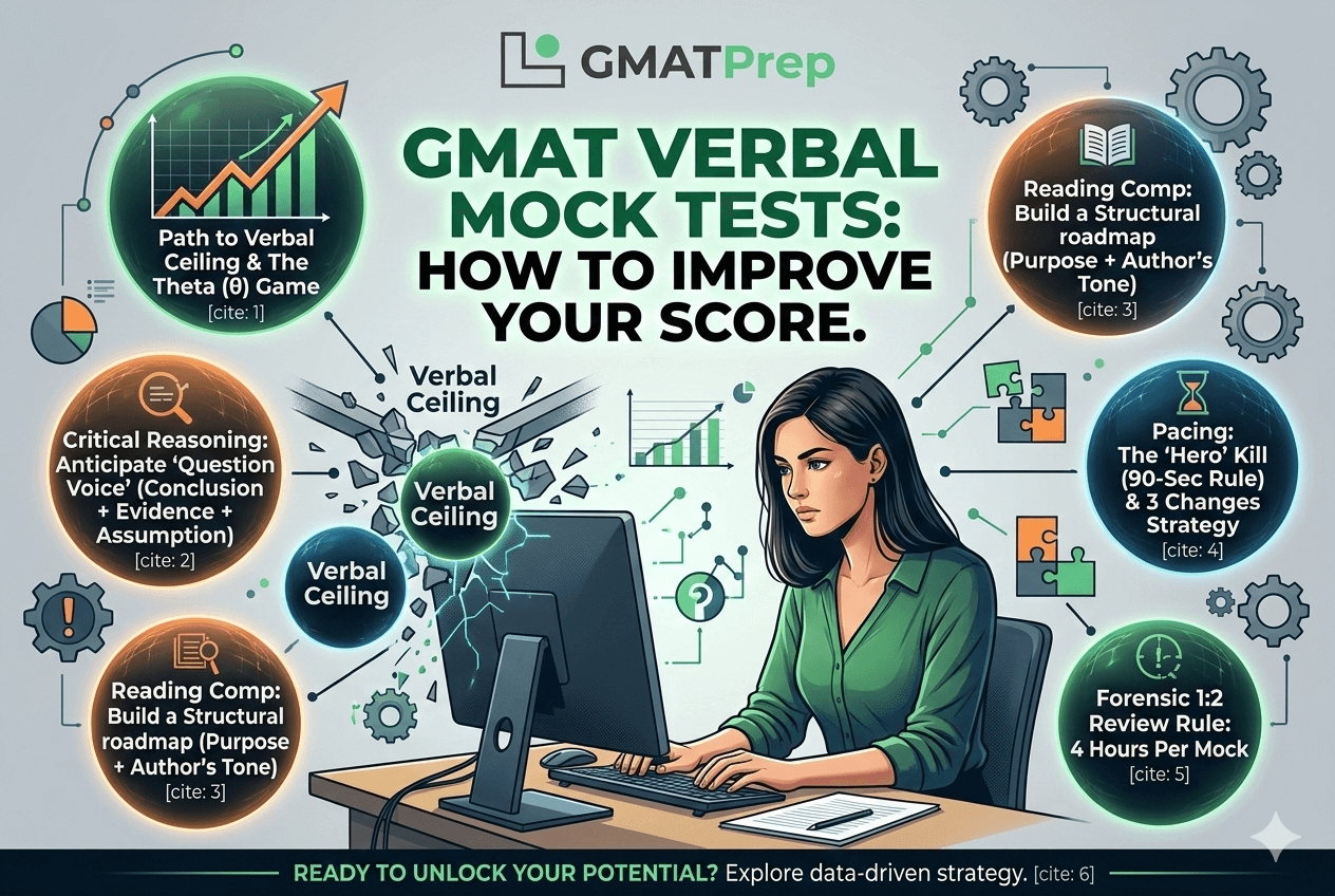 An infographic titled "GMAT Verbal Mock Tests: How to Improve Your Score" featuring a female aspirant at a computer desk. Surrounding her are six glowing knowledge spheres illustrating strategies to break the 'Verbal Ceiling,' including mastering the adaptive 'Theta ($\theta$) Game', using logical prediction for Critical Reasoning, performing active structural reading for Reading Comprehension, applying pacing rules and the 'Hero' Kill, and forensic systematic error analysis following the 1:2 Review Rule.