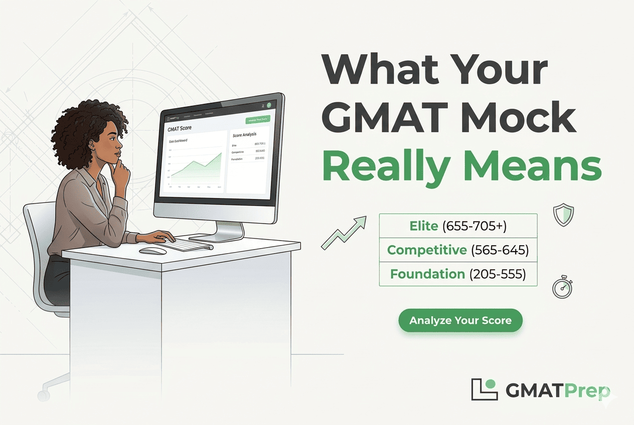 A clean, editorial-style infographic titled "What Your GMAT Mock Score Really Means." On the left, a woman sits at a white desk looking at a computer monitor displaying a score growth chart. On the right, a simple list identifies three score tiers: Elite (655-705+), Competitive (565-645), and Foundation (205-555). Minimalist icons for a shield, a stopwatch, and a trend arrow are included, along with a green "Analyze Your Score" button and the GMATPrep logo.