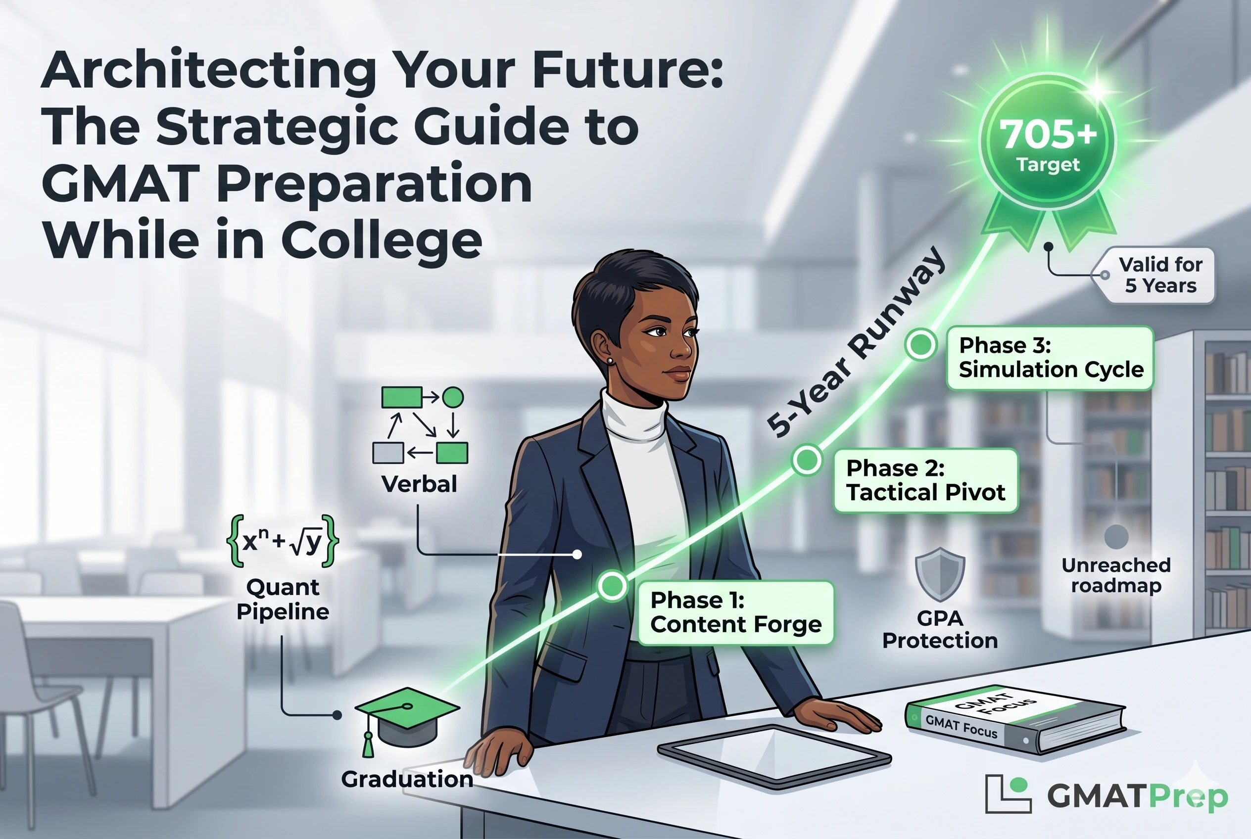 A high-fidelity, editorial hero illustration titled "Architecting Your Future: The Strategic Guide to GMAT Preparation While in College." A professional woman of color in a modern library interacts with a large holographic "5-Year Runway" timeline. The roadmap starts from a "Graduation" icon and features glowing green nodes for "Phase 1: Content Forge," "Phase 2: Tactical Pivot," and "Phase 3: Simulation Cycle," culminating in a brilliant green "705+ Target" badge labeled "Valid for 5 Years." Floating icons represent fresh Quant $\{x^n + \sqrt{y}\}$ and Verbal logic skills. On the desk are a tablet and a modern "GMAT Focus" textbook. The GMATPrep logo is in the bottom right corner.