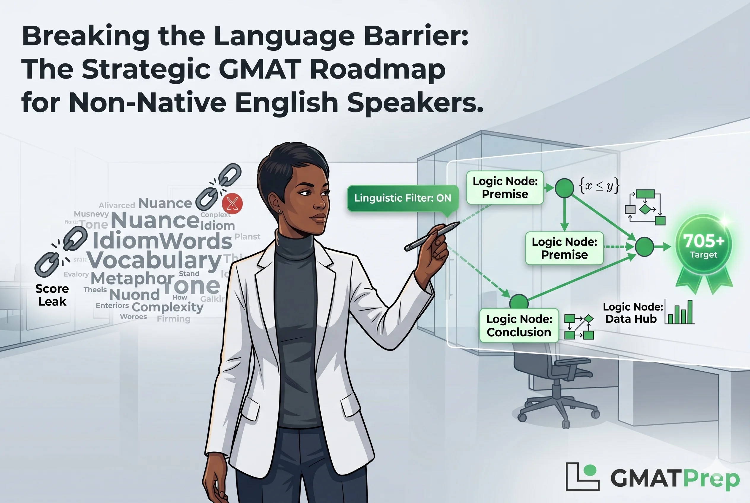 A high-fidelity editorial hero illustration for the article "GMAT Prep for Non-Native English Speakers." A professional diverse woman of color stands in a minimalist, bright think-tank office. In the top-left, bold Deep Charcoal typography reads: "Breaking the Language Barrier: The Strategic GMAT Roadmap for Non-Native English Speakers." The character, wearing a professional white blazer over a charcoal turtleneck, interacts with a large, semi-transparent digital pane projected in front of her. On the left side of the pane, a dense, semi-transparent "Cloud of Words" like "Vocabulary," "Nuance," and "Idiom" is visibly filtered. She uses a stylus to bypass these words and creates a clean, geometric Logic Map of bold GMATPrep Green nodes and arrows. Specific filtered nodes are labeled "Logic Node: Premise," "Logic Node: Conclusion," and "Logic Node: Data Hub." A sleek tag on her stylus reads "Linguistic Filter: ON." Integrated forensic icons include a logic bracket with mathematical logic, a box-and-arrow argument flowchart, and a simple bar chart. The logic map converges at a brilliant, glowing GMATPrep Green "705+ Target" badge at the central nexus. In the bottom-right corner, the GMATPrep logo with its geometric gray L and gray-to-green text is integrated with professional padding. Every vector line is crisp with subtle soft shadow depth.