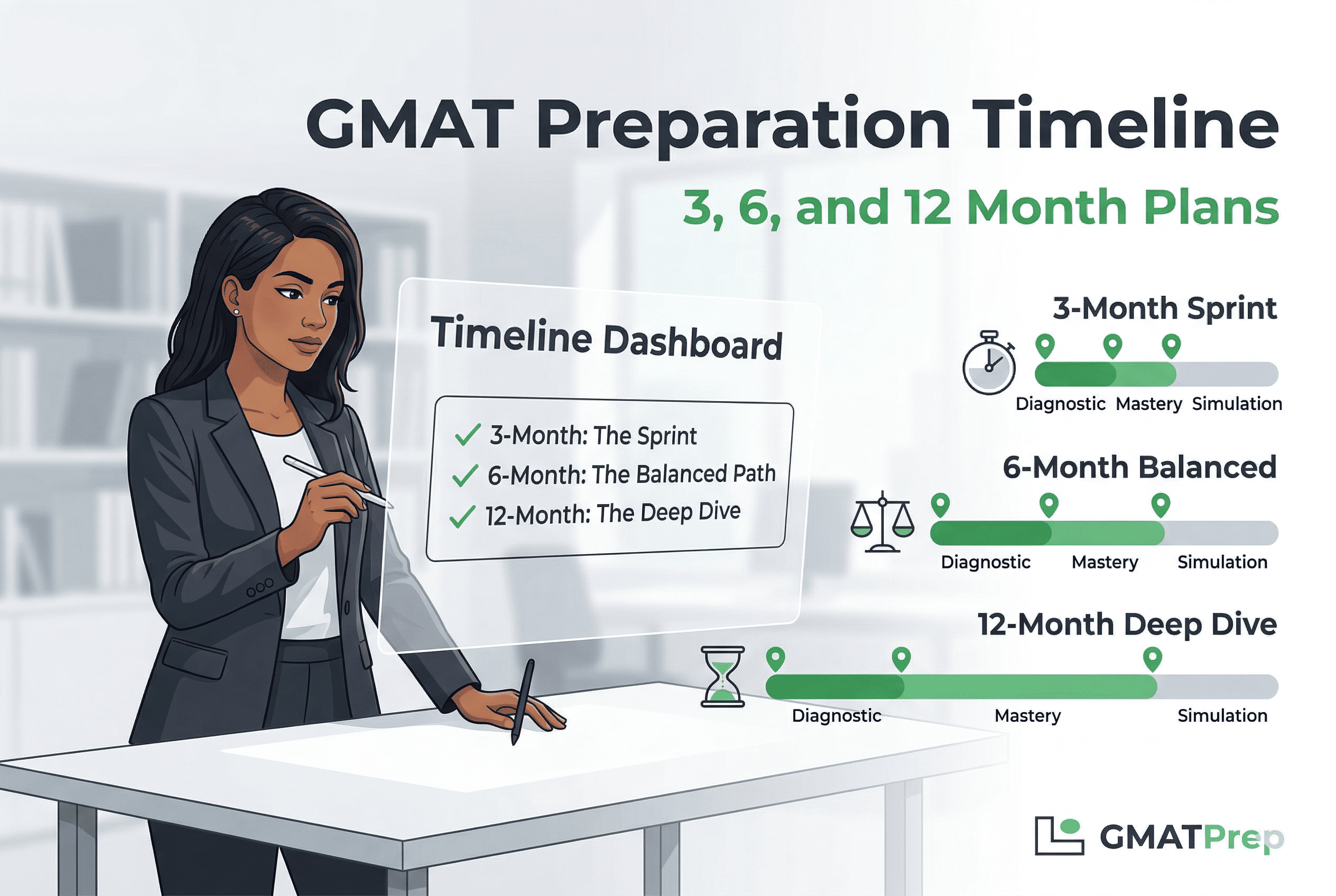 A professional editorial-style hero image titled "GMAT Preparation Timeline: 3, 6, and 12 Month Plans." On the left, a woman in a charcoal business blazer stands at a white desk, holding a stylus and looking at a floating "Timeline Dashboard" containing a checklist. To the right are three horizontal green progress bars of varying lengths labeled "3-Month Sprint," "6-Month Balanced," and "12-Month Deep Dive," each marked with milestone pins for Diagnostic, Mastery, and Simulation. The GMATPrep logo is in the bottom right corner.