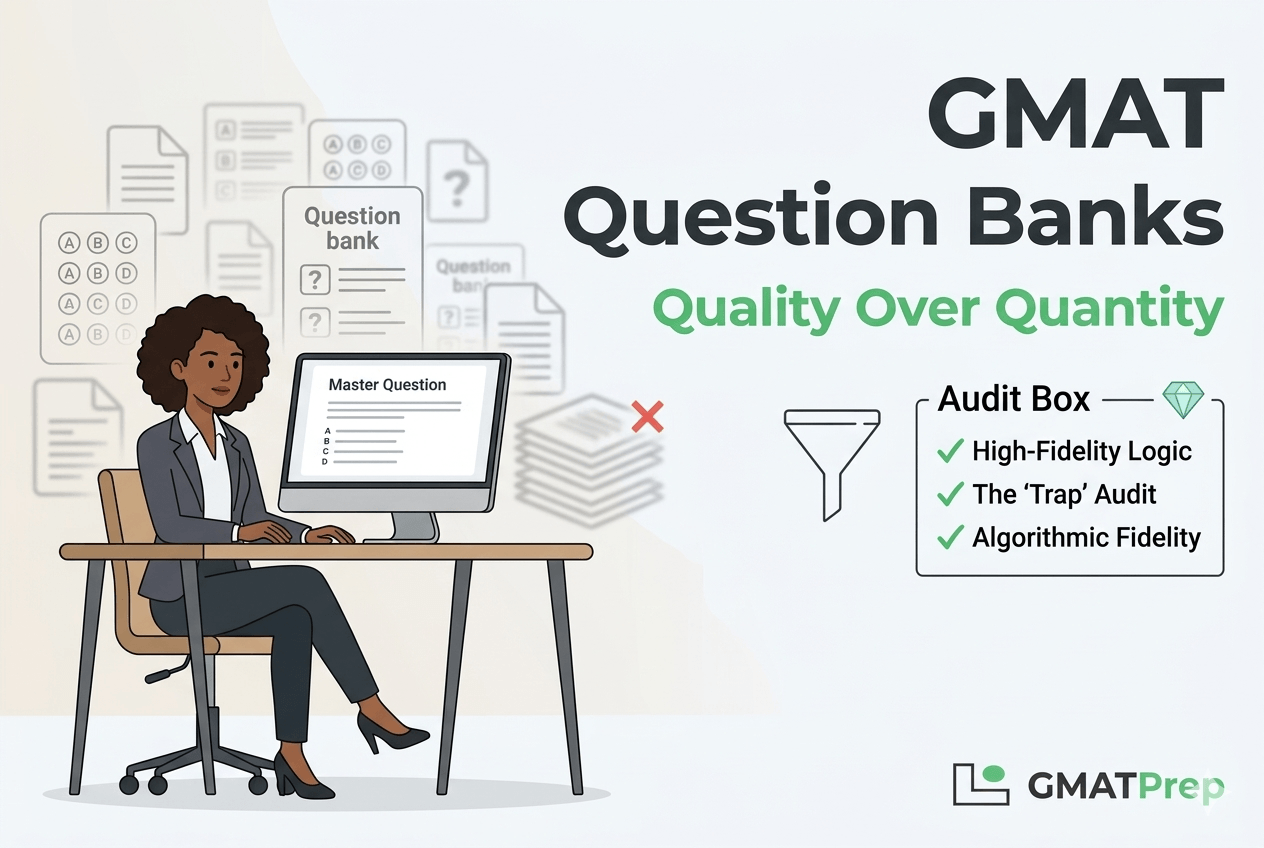 A clean, editorial-style hero image titled "GMAT Question Banks: Quality Over Quantity." On the left, a woman in a grey business blazer sits at a modern desk, focused on a computer monitor displaying a "Master Question." In the background, faded stacks of generic papers and a red "X" represent rejected high-volume materials. To the right, an "Audit Box" with a diamond icon lists: "High-Fidelity Logic," "The 'Trap' Audit," and "Algorithmic Fidelity." The GMATPrep logo is in the bottom right corner.
