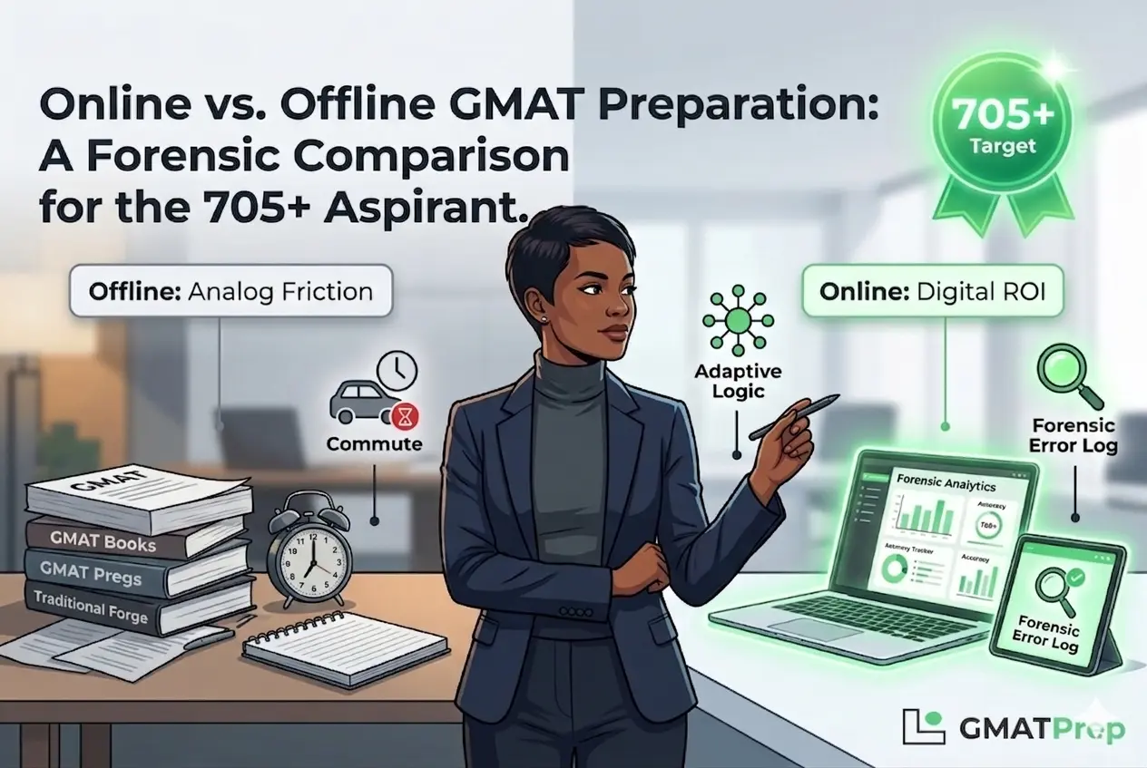 A high-fidelity hero illustration for the article "Online vs. Offline GMAT Preparation." A professional woman of color with short hair, wearing a navy blazer and charcoal turtleneck, stands in the center of a split environment. The left side, labeled "Offline: Analog Friction," shows a stack of paper books and a physical alarm clock with a "Commute" icon. The right side, labeled "Online: Digital ROI," features a sleek laptop displaying "Forensic Analytics," an "Adaptive Logic" symbol, and a glowing digital tablet for a "Forensic Error Log." A brilliant green "705+ Target" badge glows at the top right. The GMATPrep logo is in the bottom right corner.