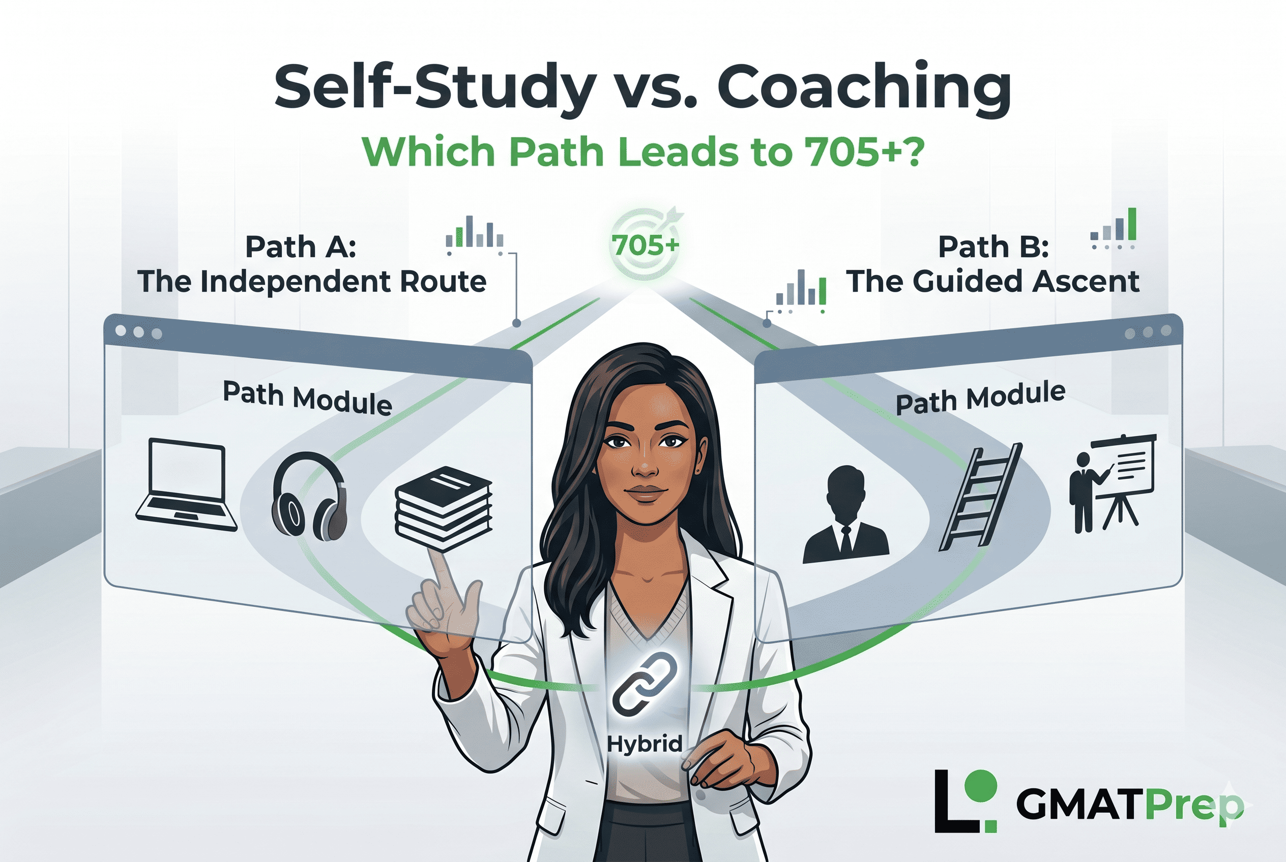 A professional, editorial-style hero image titled "Self-Study vs. Coaching: Which Path Leads to 705+?". A diverse woman in a white blazer stands confidently in the center, gesturing toward two large, semi-transparent digital modules. The left module, labeled "Self-Study," features icons of a laptop, headphones, and books; the right module, labeled "Coaching," features icons of a mentor, a ladder, and a presentation. A glowing green "Hybrid" link icon is positioned in the foreground below the character. In the distance, the two paths converge at a glowing "705+" target. The GMATPrep logo is in the bottom right.