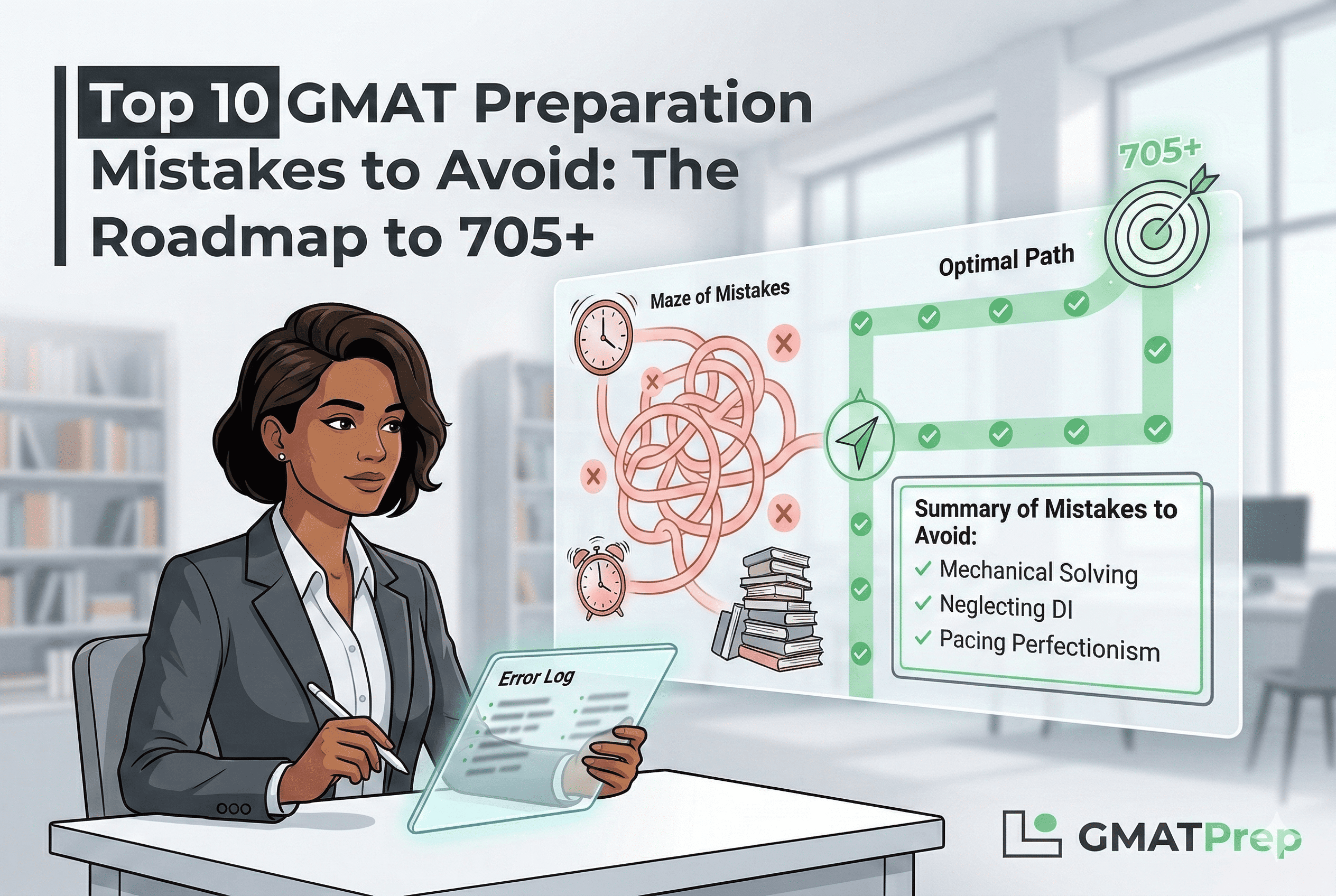 A professional infographic-style illustration titled "Top 10 GMAT Preparation Mistakes to Avoid: The Roadmap to 705+." A diverse woman in a business suit is seated at a minimalist desk on the left, looking thoughtfully at a large, semi-transparent digital roadmap in front of her. This blueprint visualizes a stark contrast: a tangled, Soft Red 'Maze of Mistakes' with icons like a spinning clock and red X marks, and a clean, straightforward 'Optimal Path' with green checkmarks leading to a glowing 705+ target. On the floating blueprint, a summary box with green checkmarks highlights mistakes to avoid, including Mechanical Solving, Neglecting DI, and Pacing Perfectionism. The woman holds a stylus and a glowing tablet labeled "Error Log." The setting is a layered minimalist modern library with high-key lighting. The GMATPrep logo is in the bottom-right corner.